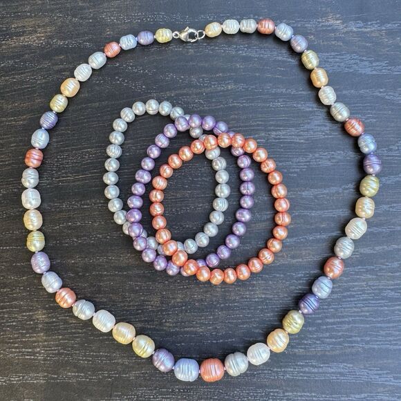 Honora 20” Multicolor Freshwater Pearl Necklace + Stretch Bracelets Sterling 925 - Picture 3 of 15